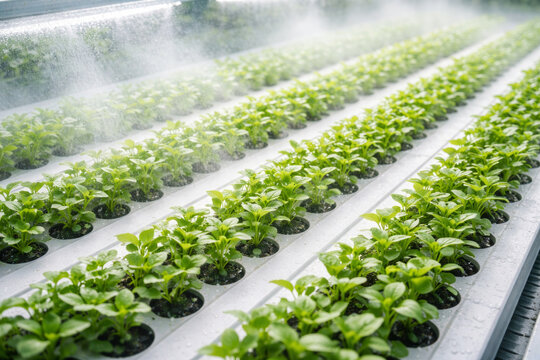 Fresh green plants growing in a hydroponic greenhouse setup