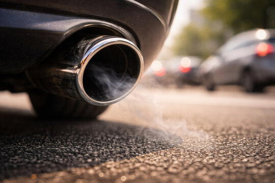 Exhaust pipe emitting smoke in a busy city street