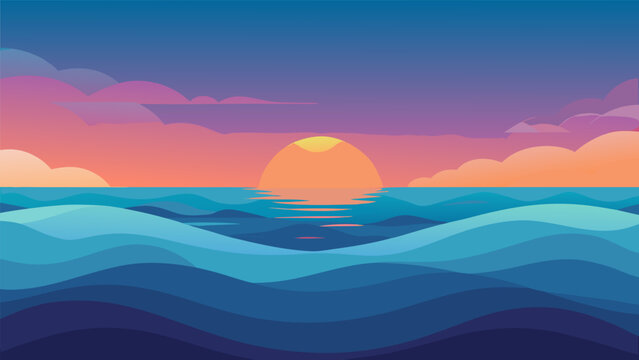 Ocean waves at sunset in vibrant gradient colors with stylized clouds for travel and nature backgrounds.