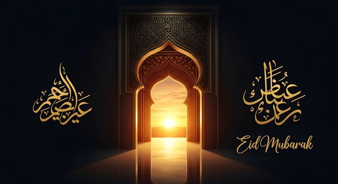 A stunning Islamic archway frames a golden sunset, flanked by intricate golden Arabic calligraphy and the 'Eid Mubarak' greeting, creating a scene of spiritual reverence and festivity.