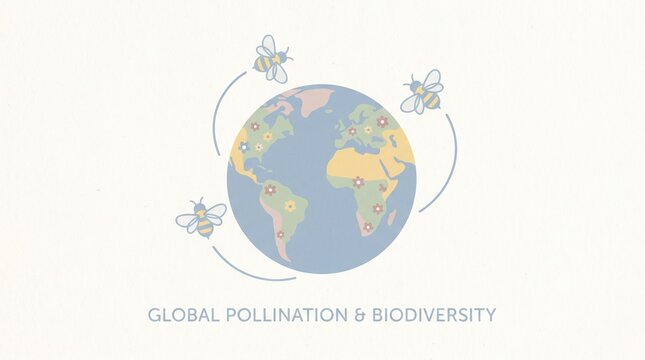 Minimalist Illustration of Bees Flying Around Earth, Global Pollination Concept, Biodiversity and World Bee Day Design