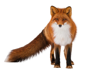 Obraz premium Isolated magnificent red fox standing, looking directly at the camera with intense gaze