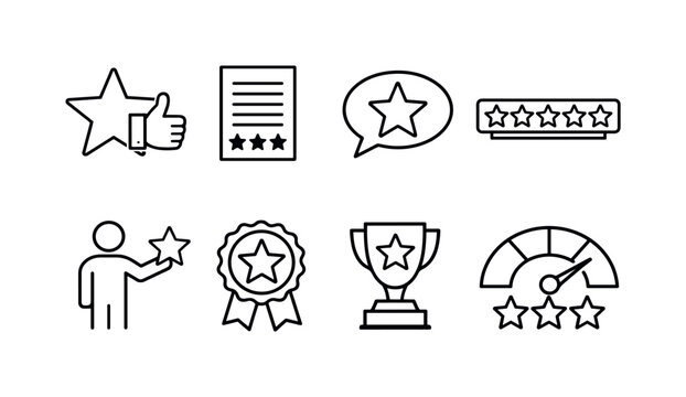 Customer rating system: star with thumbs up, review document with stars, feedback speech bubble with star, rating bar stars, user giving star, quality badge star, service