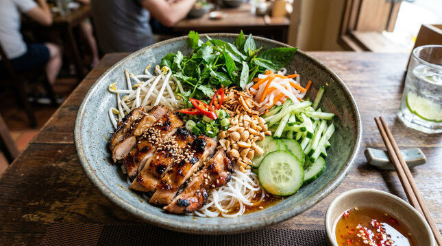 Vietnamese cucumber and grilled chicken bowl with noodles and vegetables