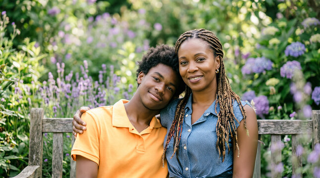 Portrait of a Black, African-American teenage boy and his mother sitting close together in a lush garden, surrounded by soft-focus purple flowers and greenery