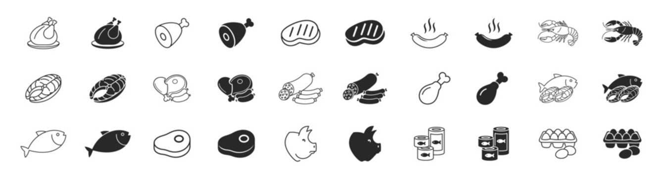 Food seafood meat variety cooking outline icon on transparent background