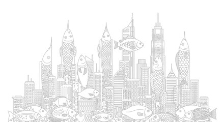 Fototapeta premium Fish skyscrapers surreal cityscape illustration against white background