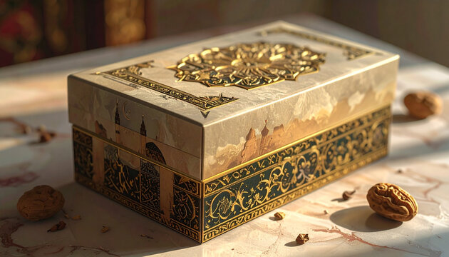 Decorated box on marble surface