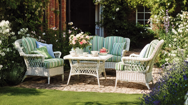 English garden patio with white wicker furniture, green striped cushions, tea set, blooming flowers, and lush summer greenery