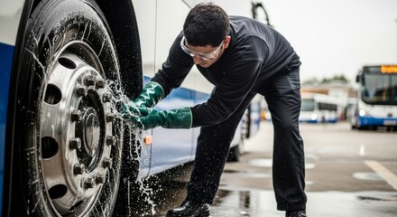 Naklejka premium Bus Mechanic Washing Wheel with Soap and Water