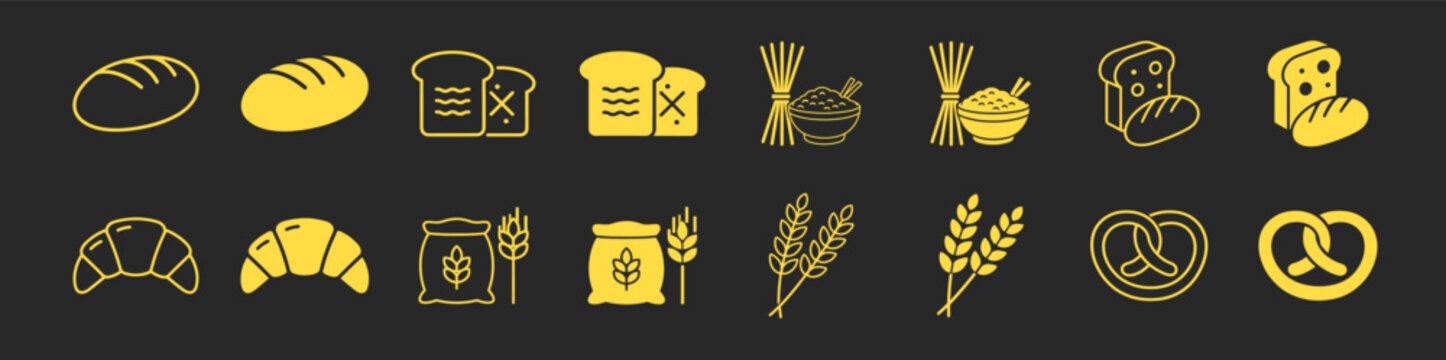 Bread bakery food collection outline icon on black background
