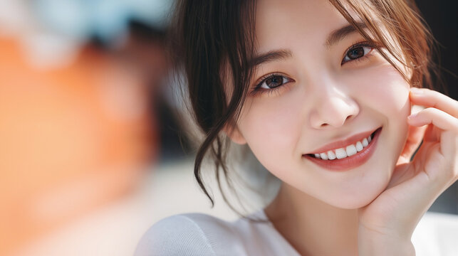 Beautiful young Chinese woman with radiant skin and charming smile showcasing healthy white teeth, glossy natural lips, fresh and healthy glowing complexion