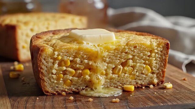 Delicious Cornbread with Melting Butter on a Wooden Board.