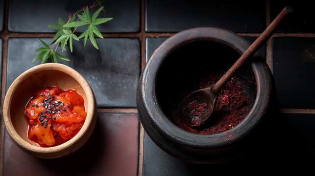 Ancient korean onggi clay jar interior with red kimchi fermentation paste and pepper flakes, wooden spoon resting inside on dark ceramic tile background for gut health wellness