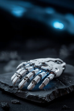 Robotic hand with six fingers resting on dark stone slab, white ceramic segments and silver mechanical joints illuminated by faint blue palm interface lights