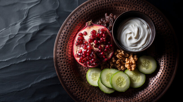 flat lay persian copper platter pomegranate walnuts cucumber yogurt balancing zoroastrian garm sard hot cold philosophy side light deep metallic vignette longevity wellness