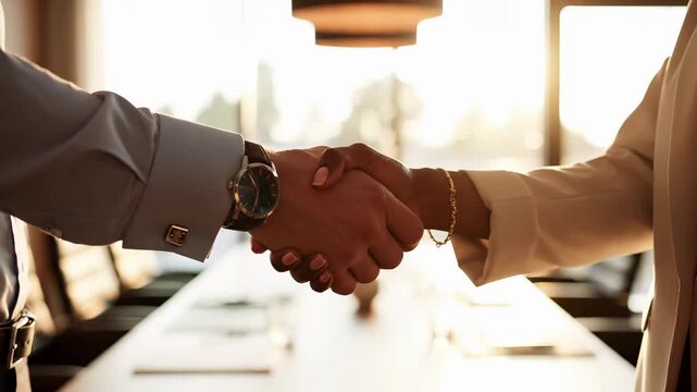 Business handshake between professionals. Corporate partnership agreement and deal signing for professional collaboration and investment alliance. Formal greeting and trusted executive cooperation