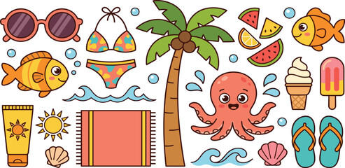 Cute summer beach vacation set featuring octopus and fish cartoon characters palm tree bikini sunglasses sunblock towel ice cream watermelon and sea waves vector illustration © MDRIFAT