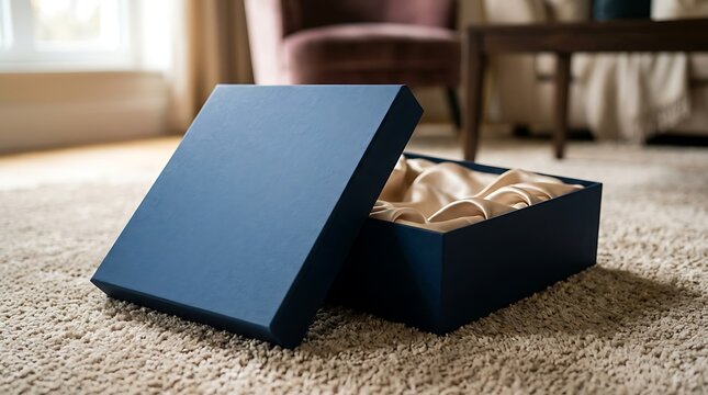 Elegant open dark blue gift box with satin fabric inside placed on a cozy beige carpet floor