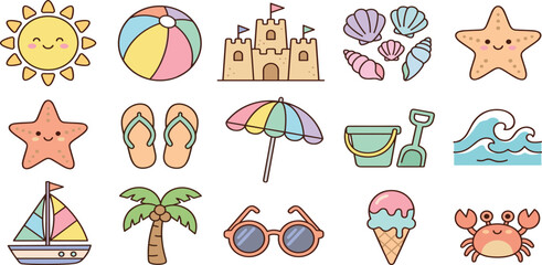 Cute summer beach vacation set featuring sandcastle sun beach ball starfish crab sailboat palm tree sunglasses umbrella ice cream bucket and seashells vector illustration © MDRIFAT