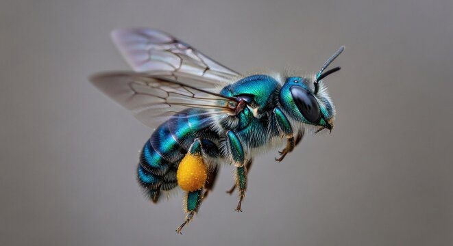 A vibrant blue bee in mid-flight with a yellow pollen sac attached to its leg