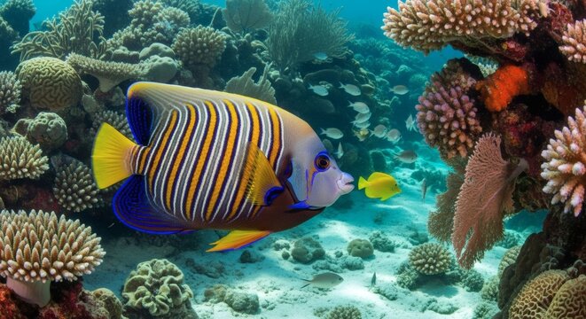 A vibrant fish swims near a coral reef in the ocean with another small fish