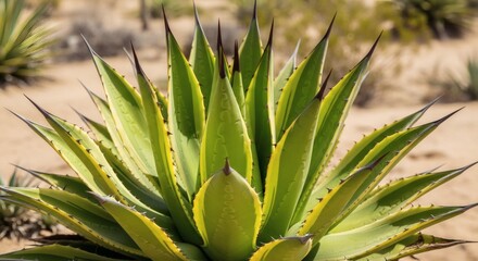 Fototapeta premium A large green agave plant growing in a desert landscape with sharp spiky leaves.