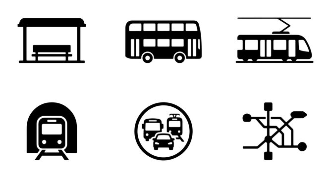 Public transport icon set, black silhouettes of bus, tram, and subway train, urban transit map and station symbols, 6 vector elements for city navigation