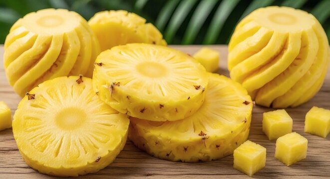A vibrant display of fresh pineapple slices and chunks on a wooden surface