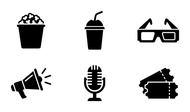 Cinema and movie theater icon set, black solid vector symbols of popcorn and soda, 3D glasses and film tickets for entertainment industry