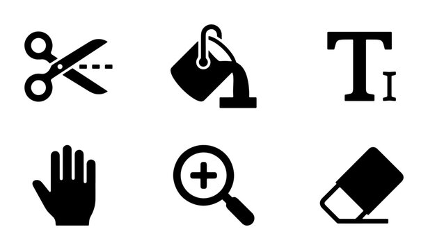 Minimalist graphic design icons set, black vector editing tools collection, flat ui symbols for creative software and digital art applications