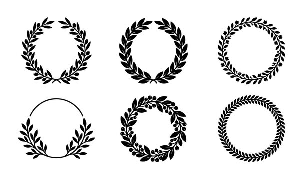 Laurel wreath vector set, black circular olive branch frames for awards and heraldry, 6 botanical leaf crown icons for wedding invitations