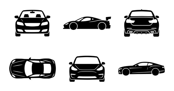 Modern car silhouette icons set, black automotive vector symbols, collection of 6 vehicle outlines including sports car and sedan for logo design