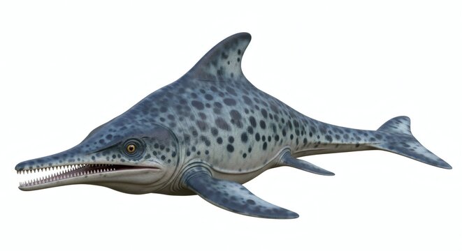 A detailed illustration of a prehistoric marine reptile with a long snout and sharp teeth