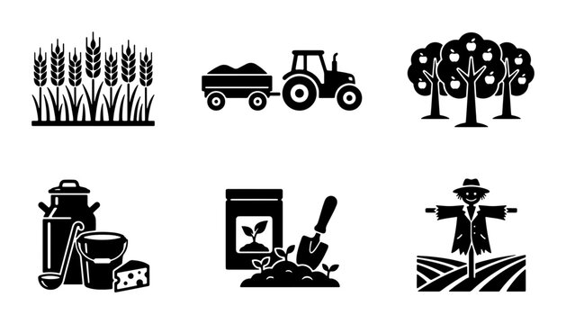 Agriculture and farming icon set, black solid vector symbols of tractor, wheat stalks, apple orchard, dairy products and scarecrow for rural industry