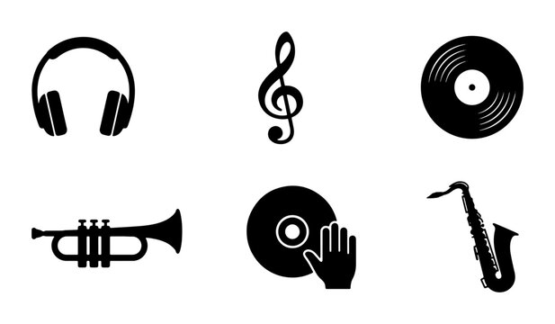 Minimalist music icons set, black silhouette musical instruments and audio equipment symbols, 6 vector elements for jazz and dj branding