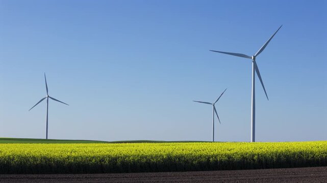 Wide landscape shot of multiple wind turbines standing in a yellow rapeseed field, representing the harmony between modern green energy infrastructure and agriculture.