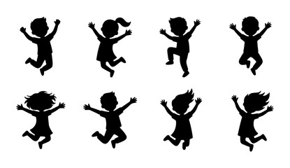 Happy jumping children silhouettes, set of 8 joyful kids jumping in the air, black vector silhouettes of boys and girls playing and celebrating © Raju