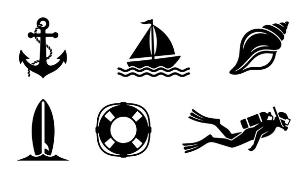 Nautical black icons set, 6 marine vector elements including anchor and sailboat, ocean travel and scuba diving symbols for summer vacation branding
