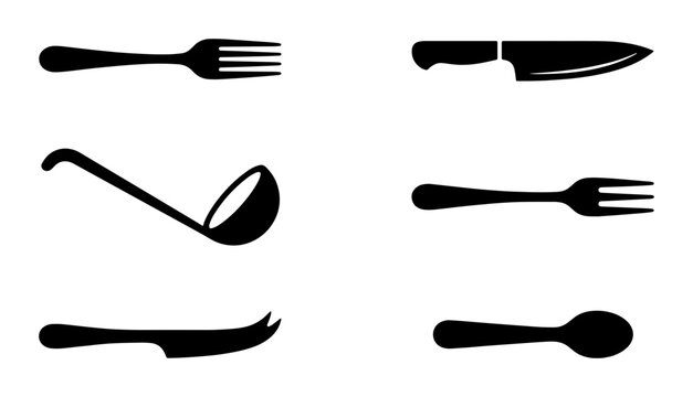 Kitchen cutlery silhouette icons set, black silverware and cooking utensils vector, minimalist restaurant dining equipment for menu design