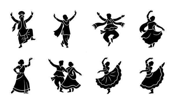 Indian folk dance silhouette icons, traditional dancers in ethnic costumes, set of 8 black vector figures performing bhangra and garba