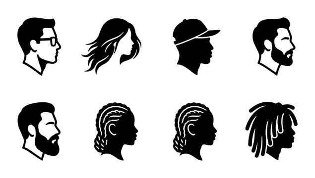 Minimalist profile head silhouettes, diverse people avatar collection, black and white human face icons set, 8 vector character portraits