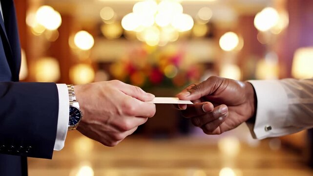 Business card exchange between professionals in luxury hotel lobby. Corporate networking and professional contact introduction for partnership and executive meeting. Elegant formal etiquette