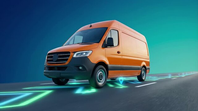 Cargo delivery van driving on road with digital navigation tracking and smart route signals. Logistics and freight transport service with connected technology for fast urban distribution and supply