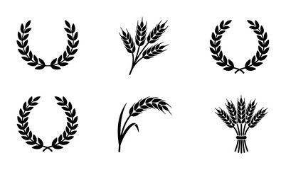 Wheat ear laurel wreath icons, black cereal grain stalk silhouettes, set of 6 organic farm agriculture vector elements for bakery branding © Mariyam