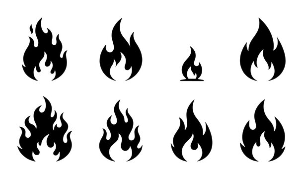 Black fire flame silhouette icons, set of 8 minimalist bonfire vector symbols, flat burning heat graphic elements for logo design and warning signs