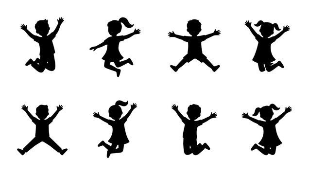 Jumping children silhouettes set, happy kids jumping and playing vector icons, black silhouettes of 8 active boys and girls for school and playground design