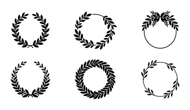 Laurel wreath vector set of 6 black leaf frames, decorative botanical circular borders, elegant olive branch crests for wedding invitations and awards