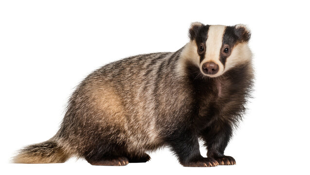 Isolated European badger, mustelid animal with distinctive black and white head markings