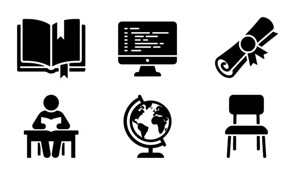 Education and learning icon set, 6 black solid vector symbols for school and university, academic study and online training elements